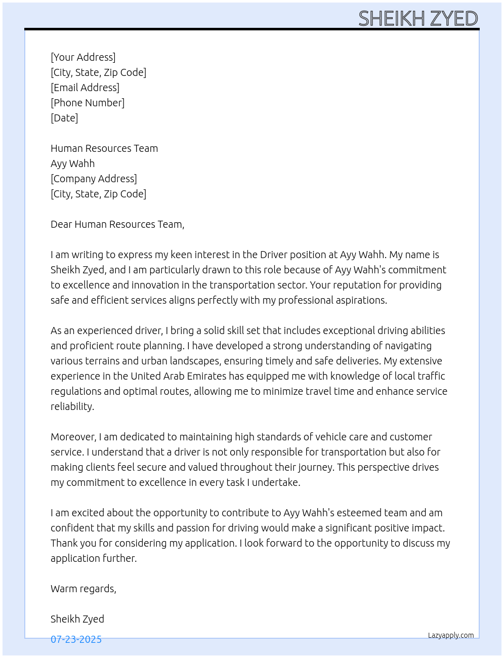 Driver  At Ayy wahh Cover Letter