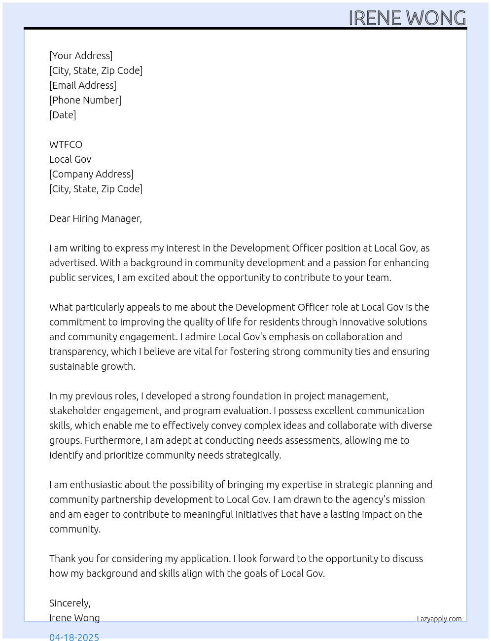 development officer At Local Gov Cover Letter