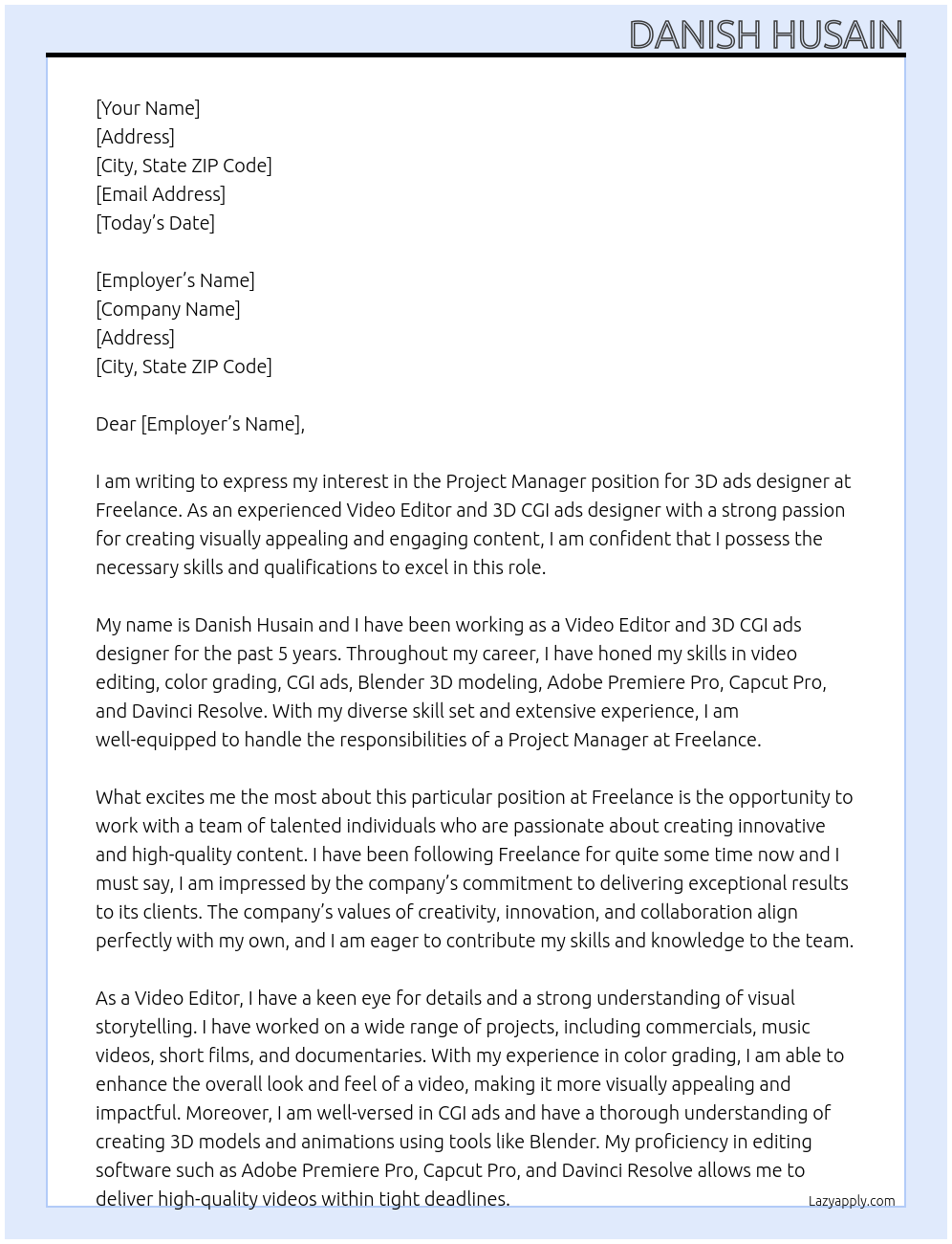 3D ads designer At Freelance  Cover Letter