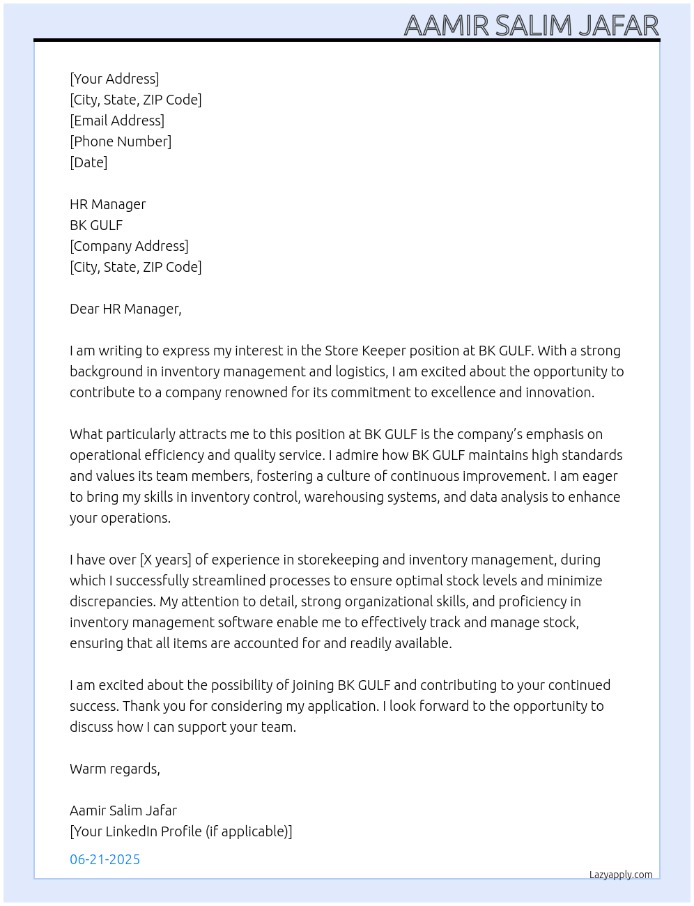 Store Keeper At BK GULF Cover Letter