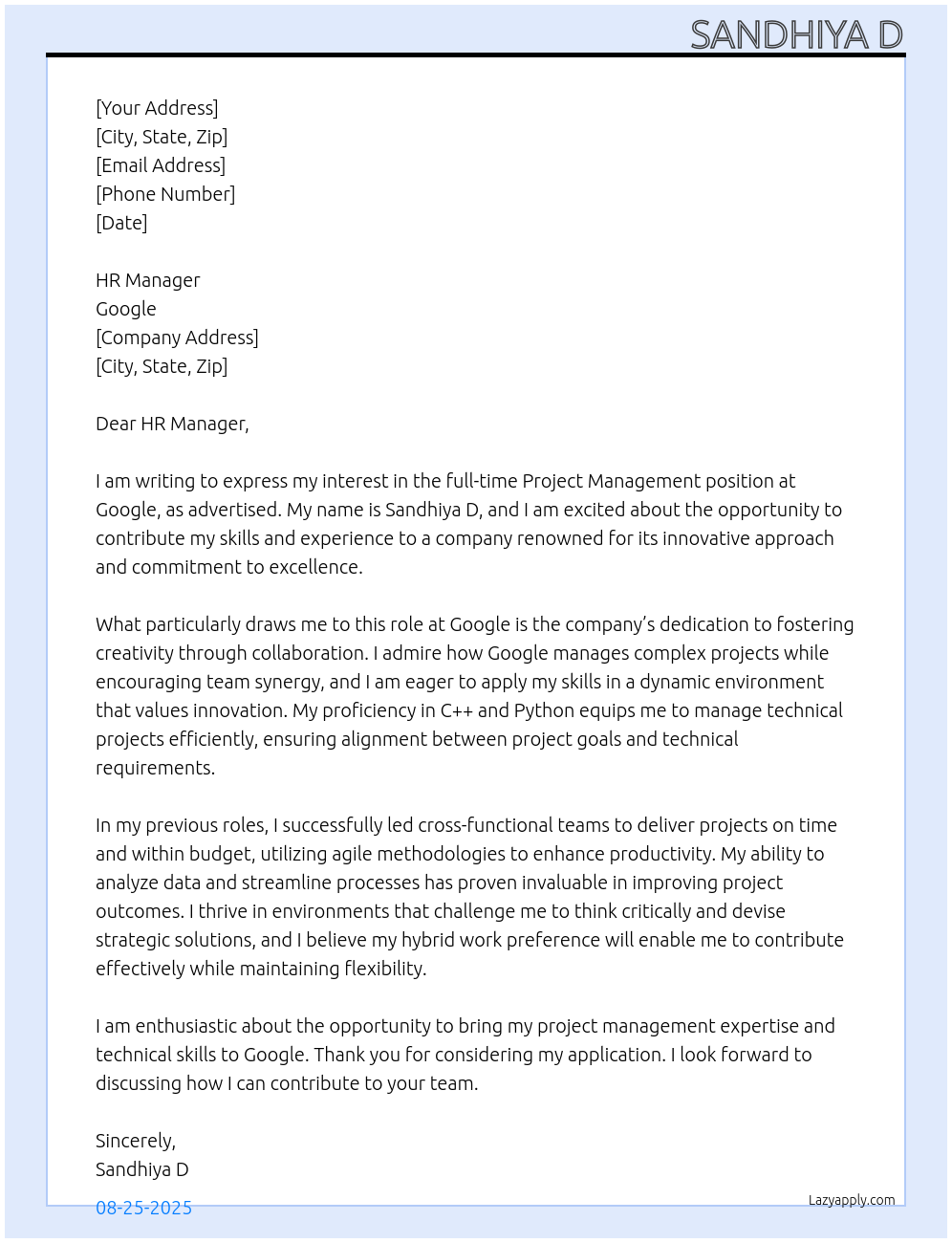 Cover letter for project management - LazyApply