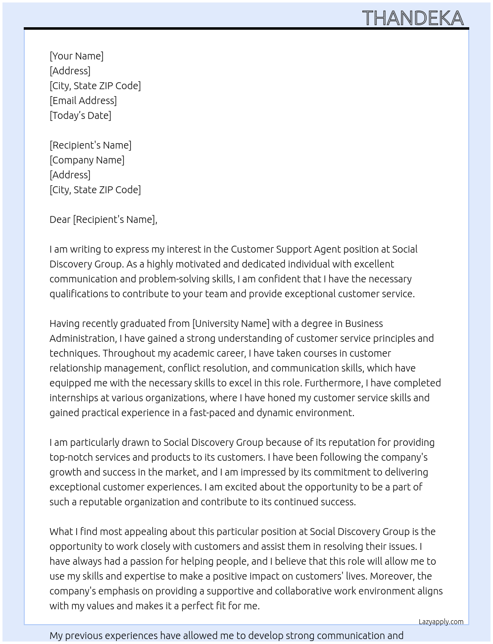 customer support agent At social dicovery group Cover Letter
