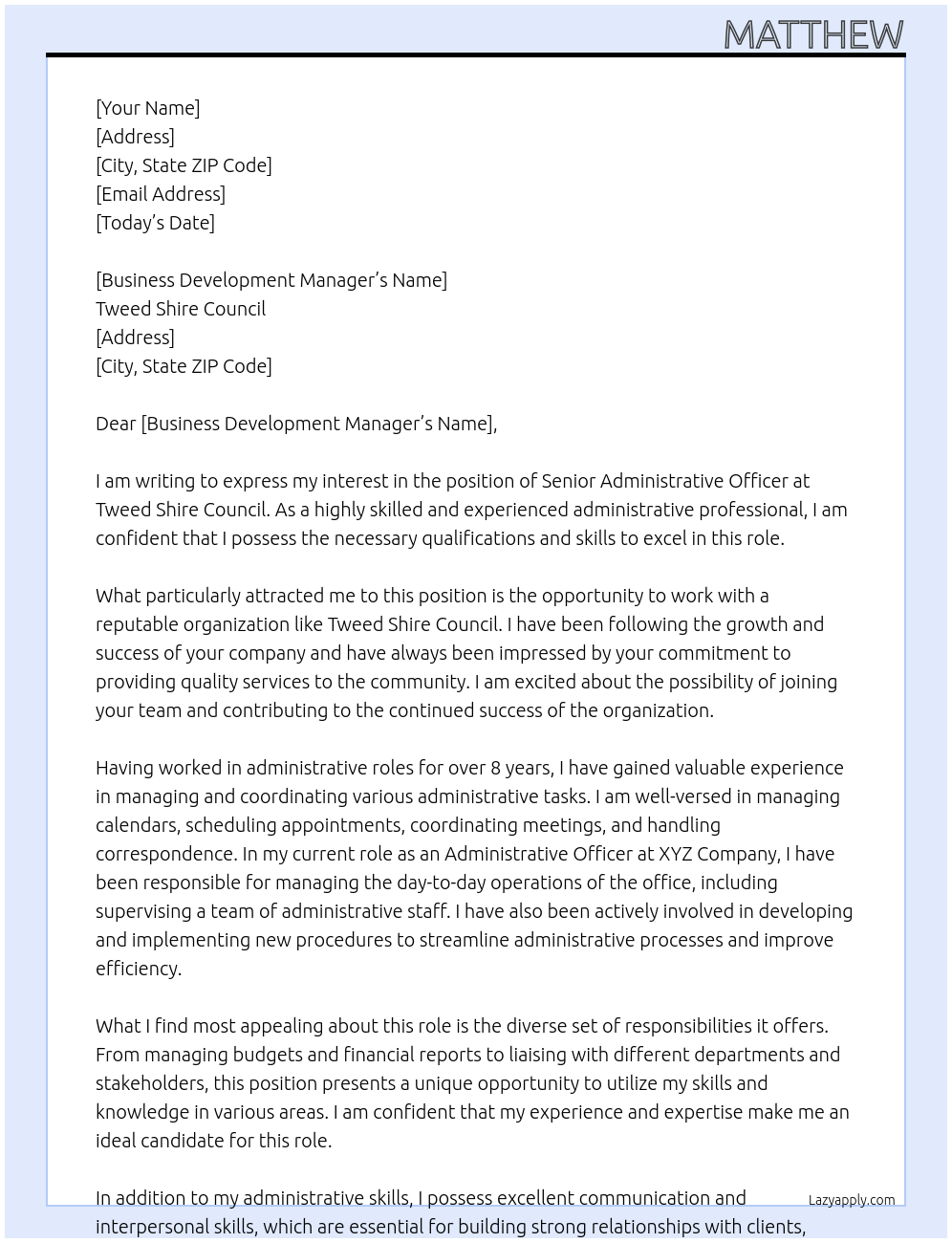 Senior Administrative Officer At Tweed Shire Council Cover Letter