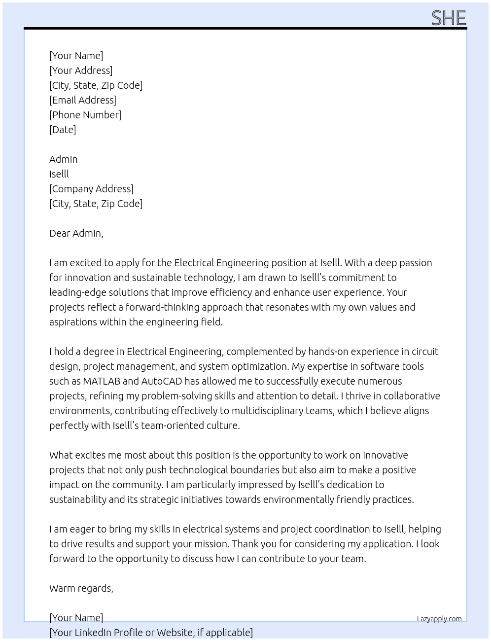 Electrical engineering At Iselll Cover Letter