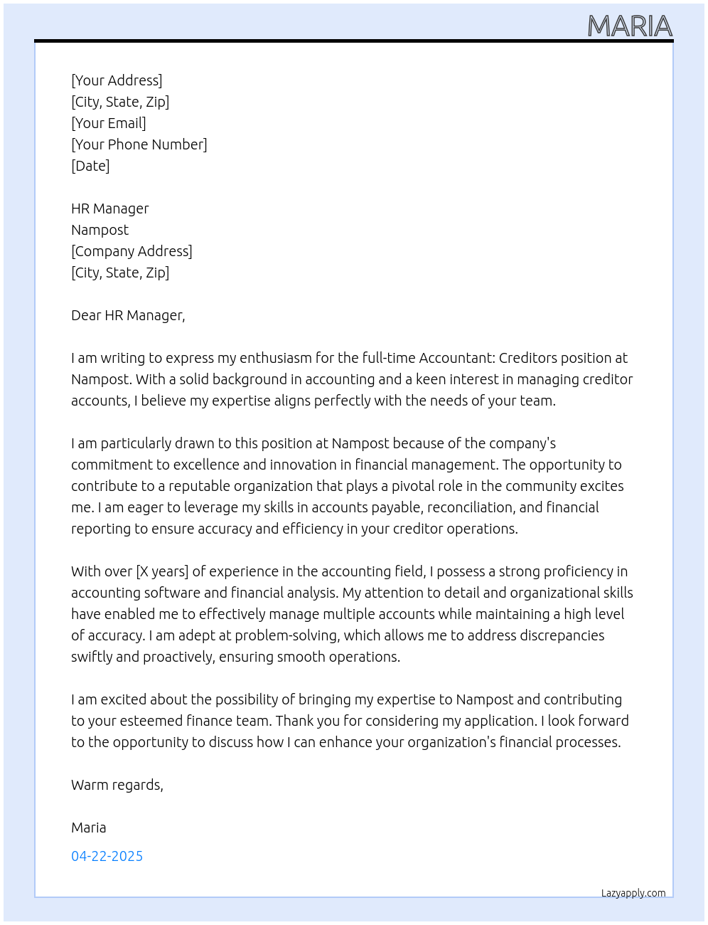 Cover letter for accountant: creditors - LazyApply