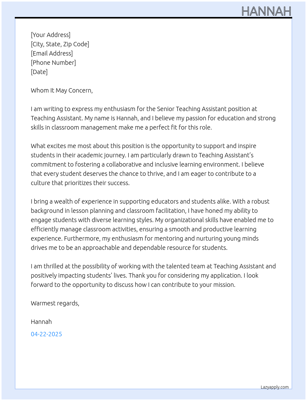 Cover letter for sen teaching assistant - LazyApply