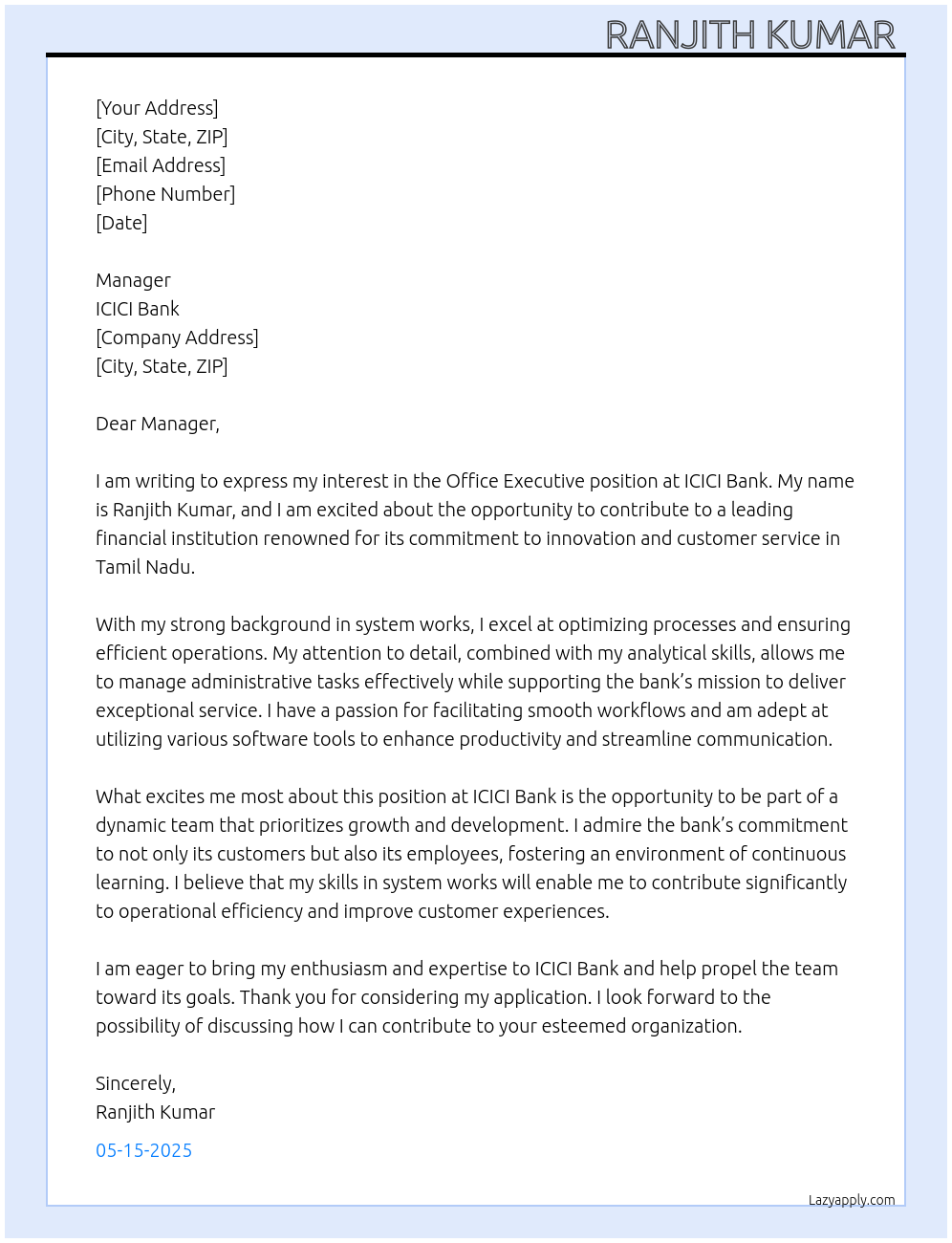 Office executive icici bank At Icici bank Cover Letter