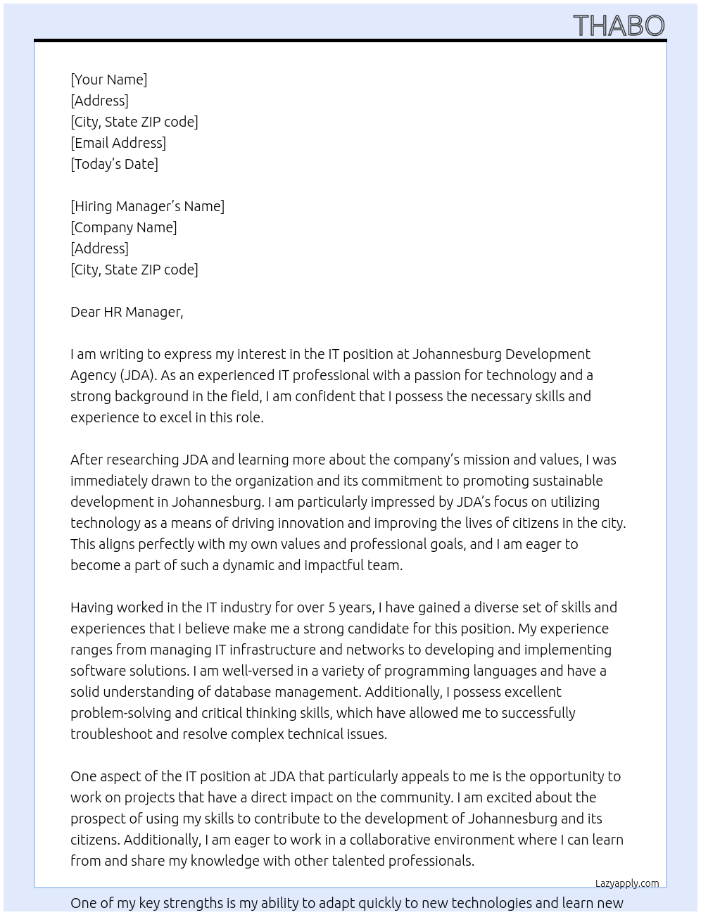 IT At Johannesburg Development Agency (JDA) Cover Letter