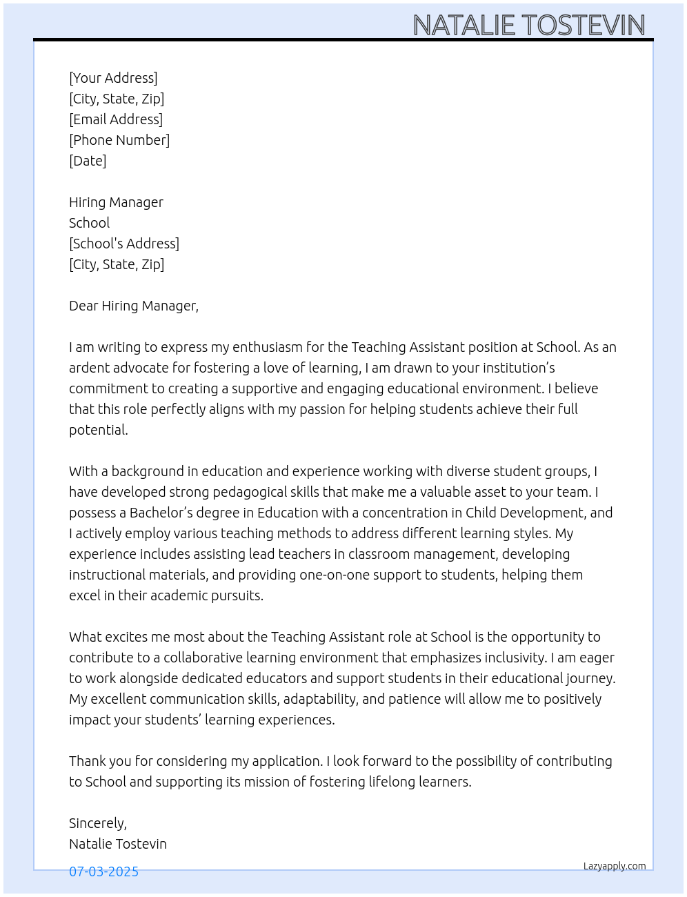Cover letter for teaching assistant - LazyApply