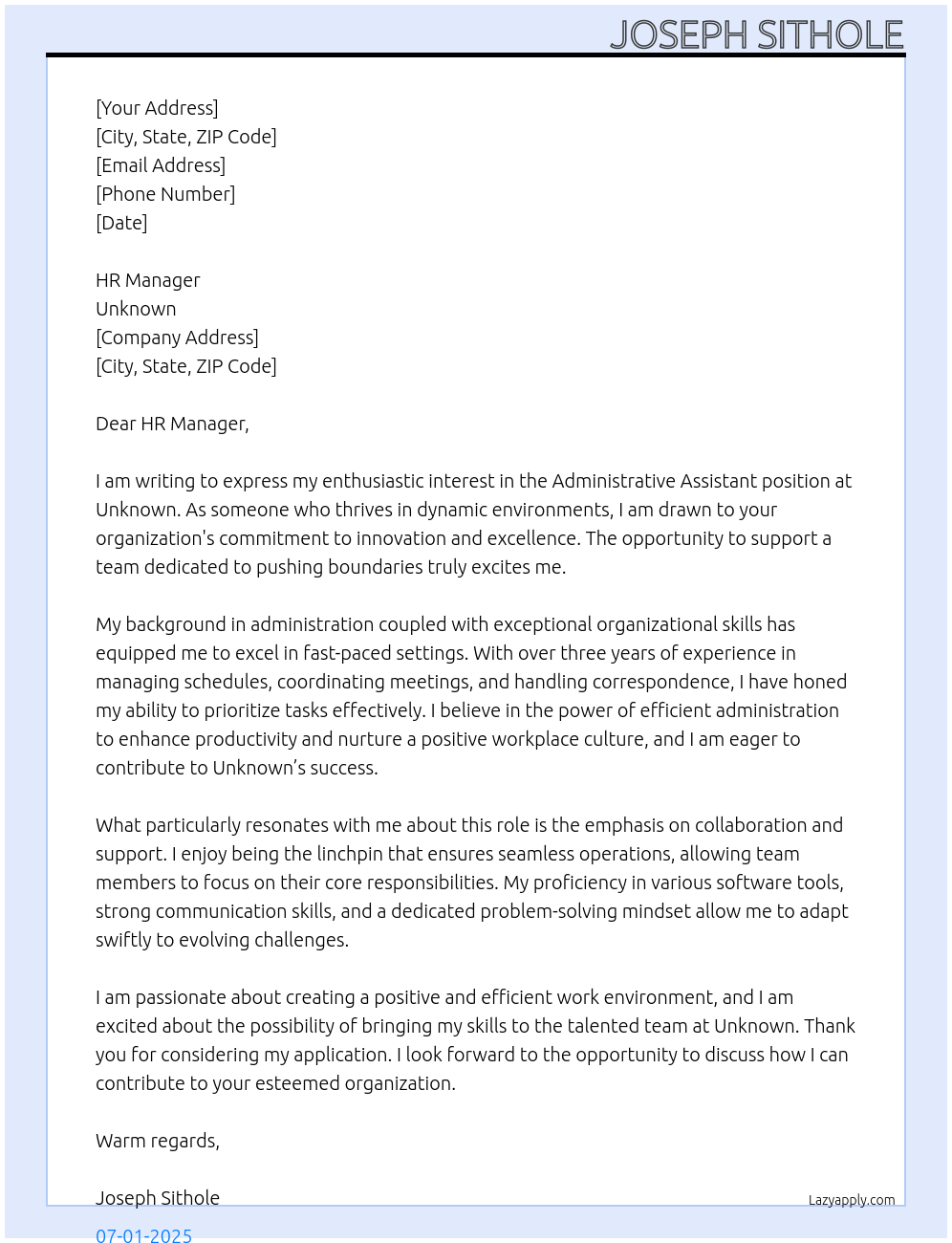 Administrative Assistant At Unknown Cover Letter