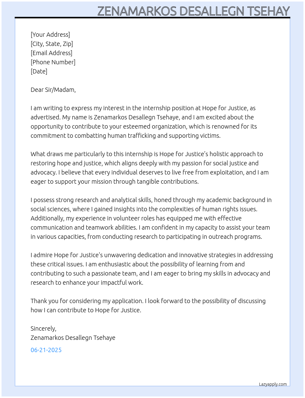 intern At Hope for justice Cover Letter