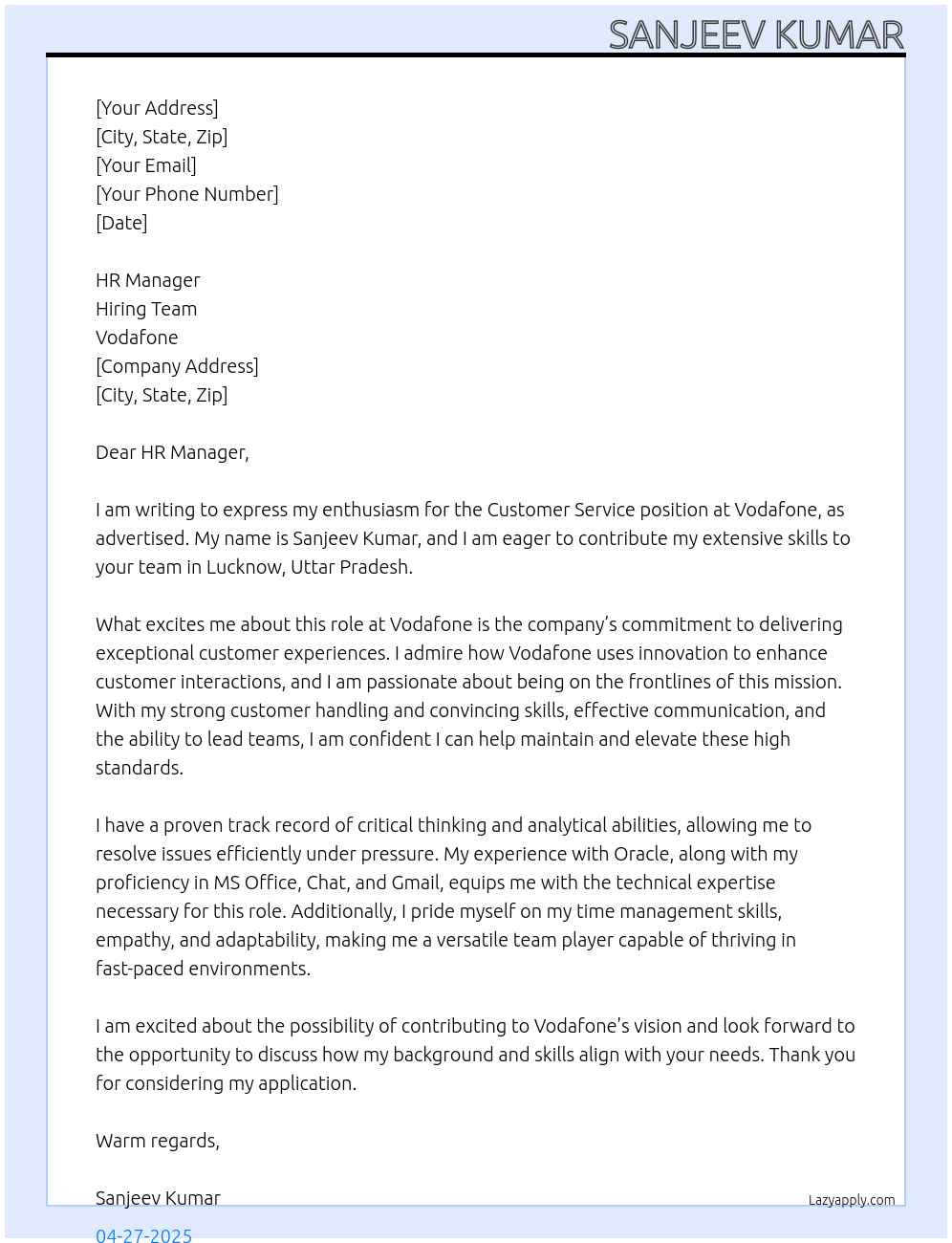 customer service At Vodafone Cover Letter