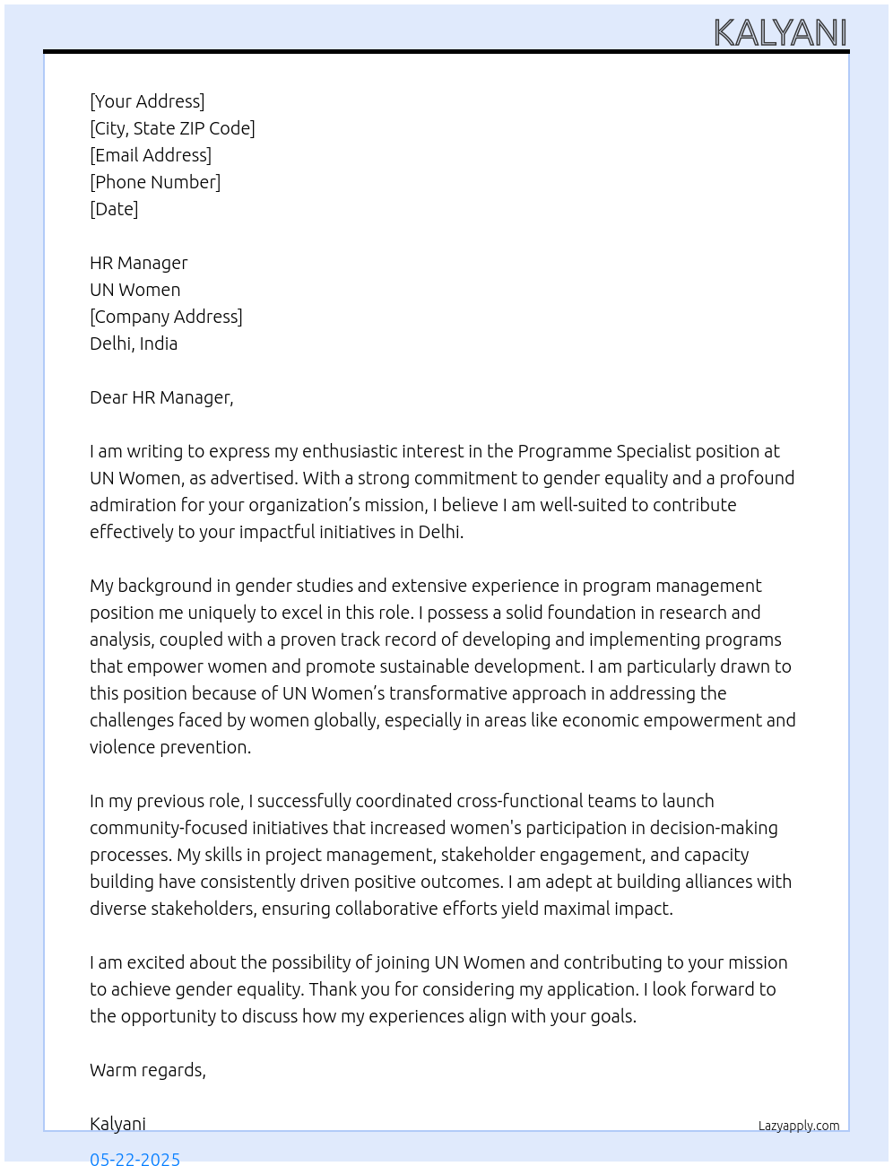 programme specialist At UN Women Cover Letter