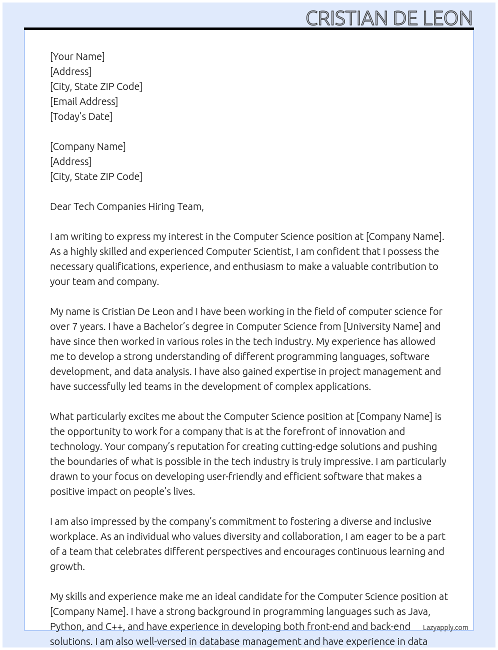 Computer Science At Tech Companies Cover Letter