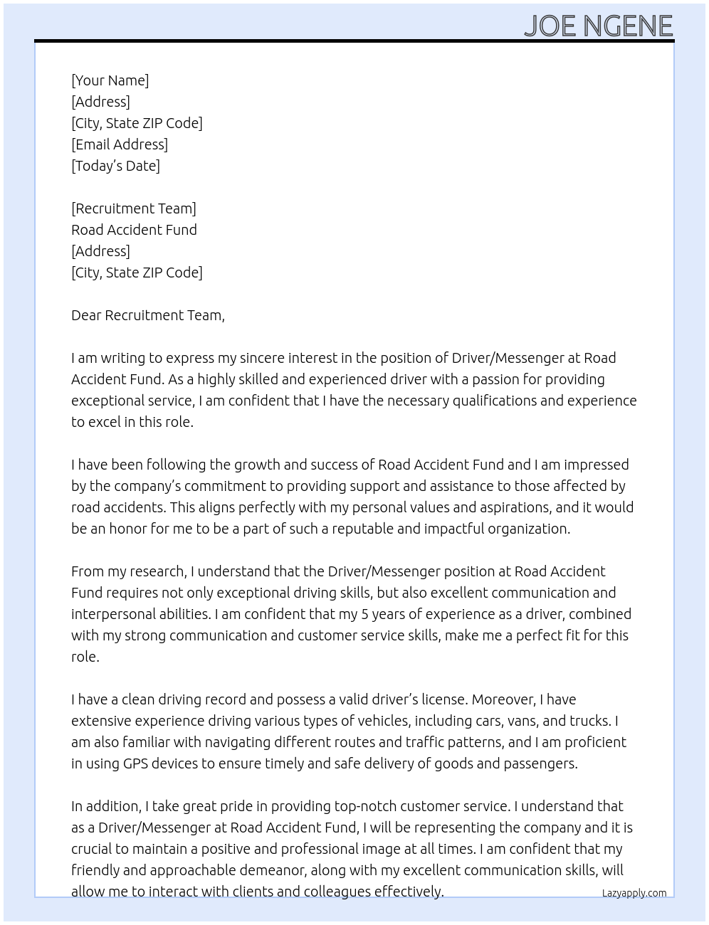 driver/messenger At Road Accident Fund Cover Letter