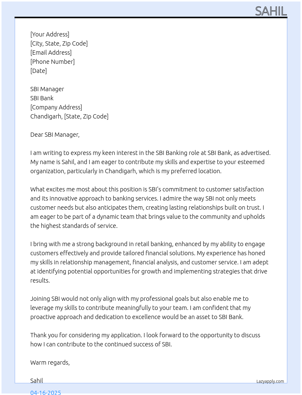 SBI Bank  At SBI Cover Letter