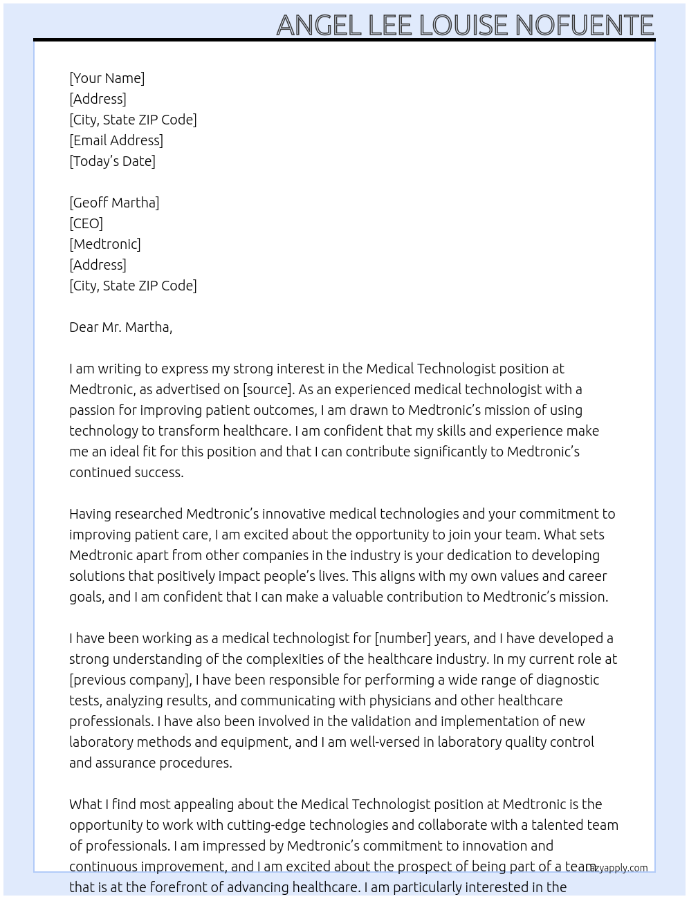 Medical Technologist At Medtronic Cover Letter