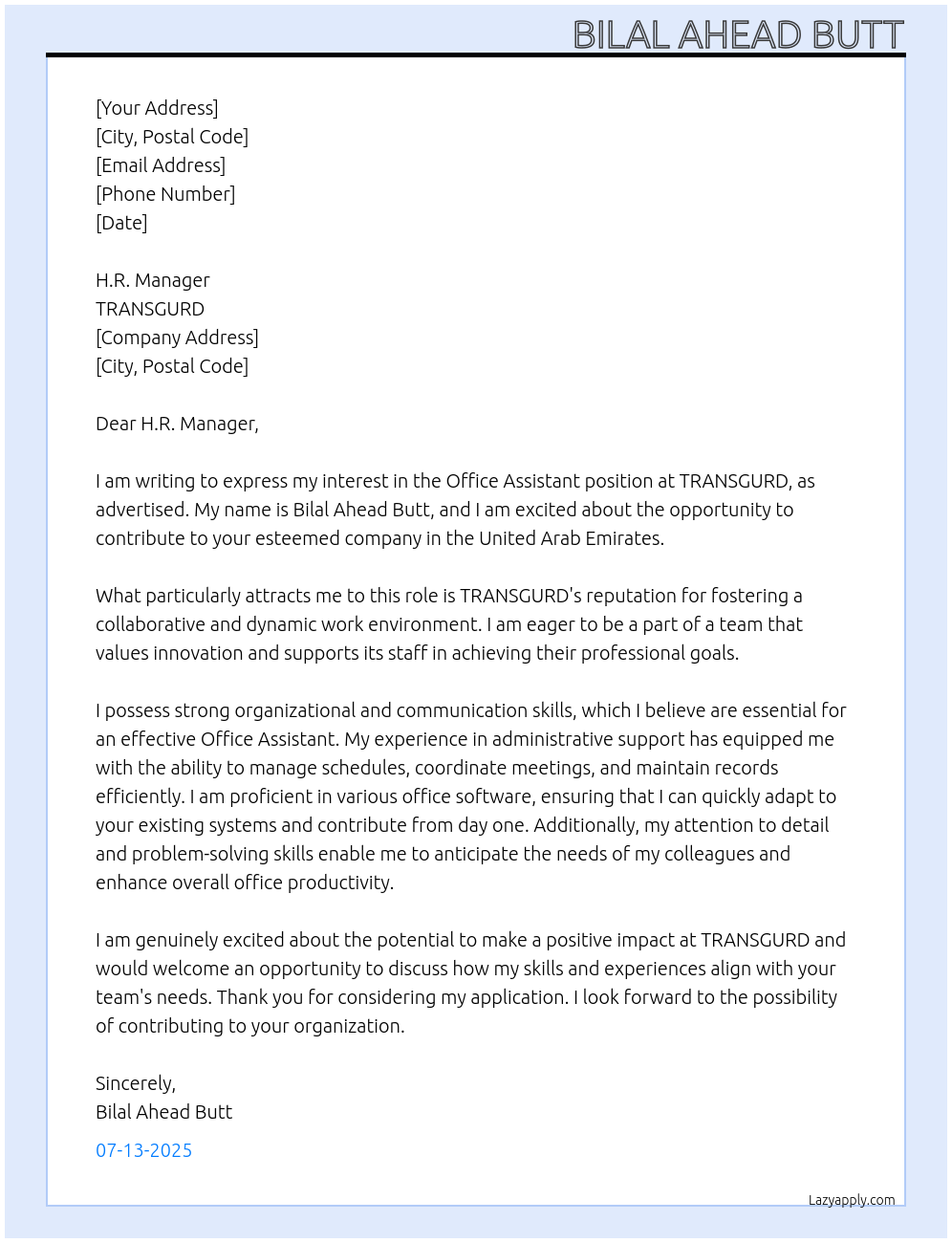 Office ASSISTANT  At TRANSGURD Cover Letter