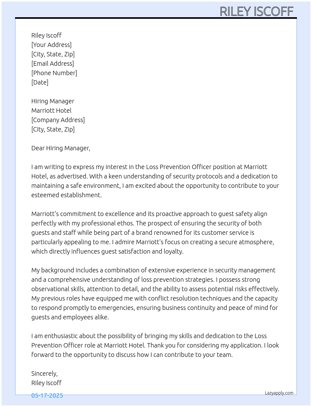 Loss Prevention Officer At Marriott Hotel Cover Letter