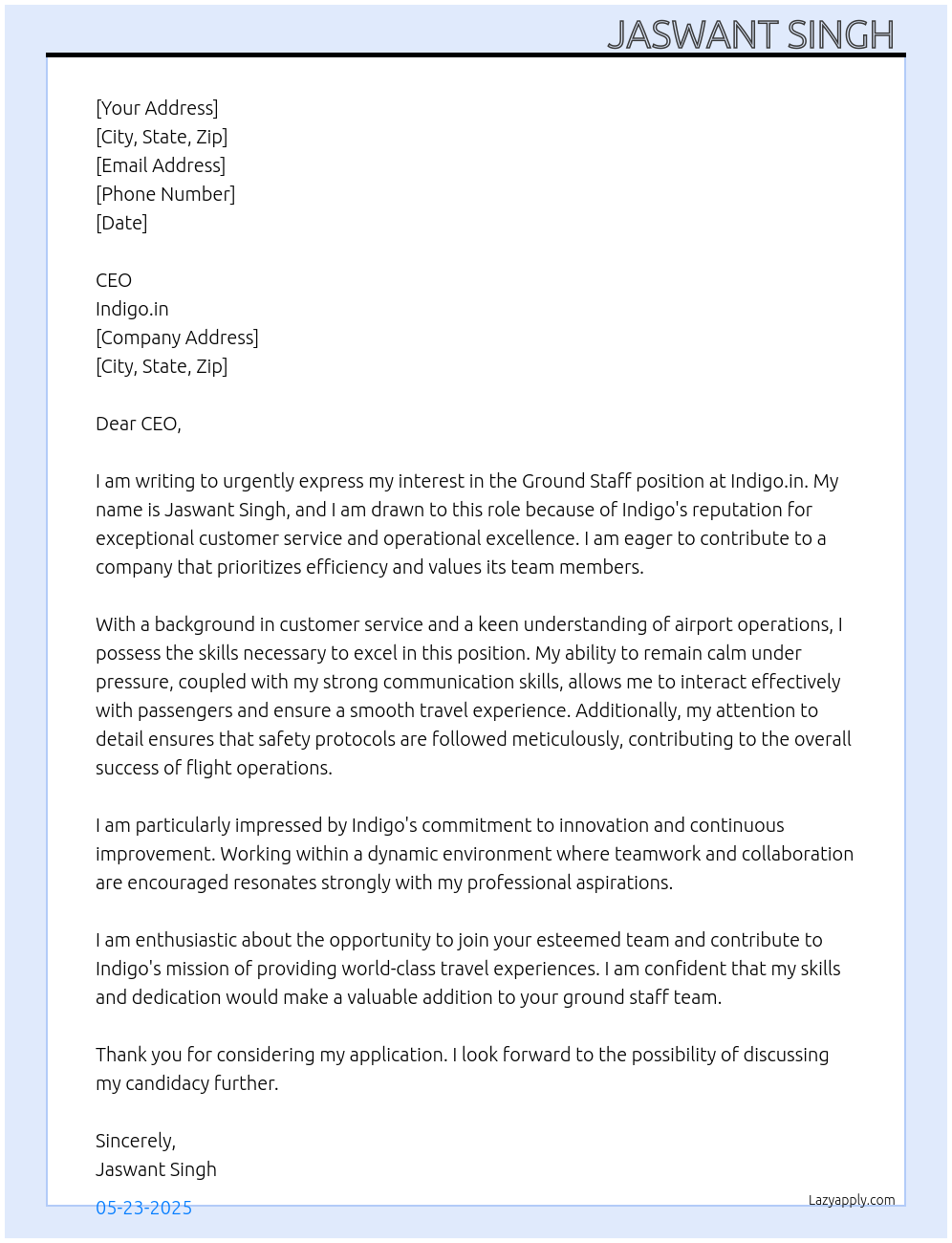 Ground staff At Indigo.in Cover Letter