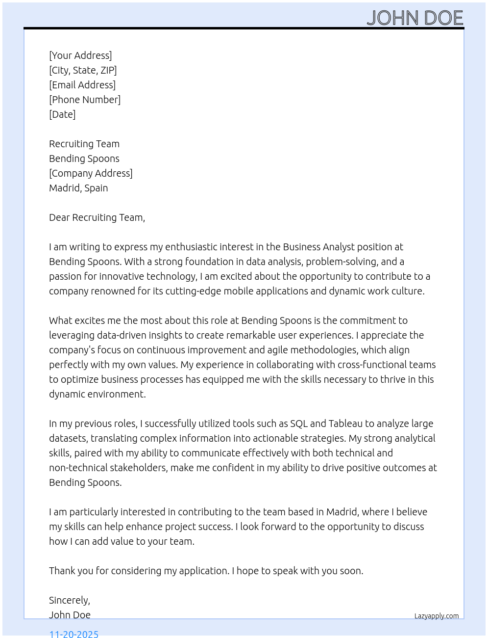 Cover letter for business analyst - LazyApply