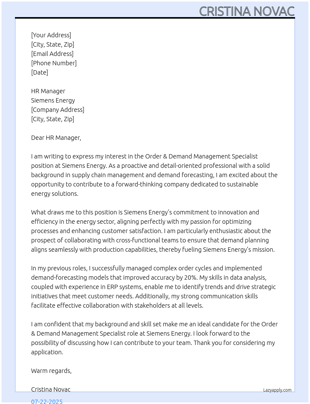 Order & Demand Management Specialist At Siemens Energy Cover Letter