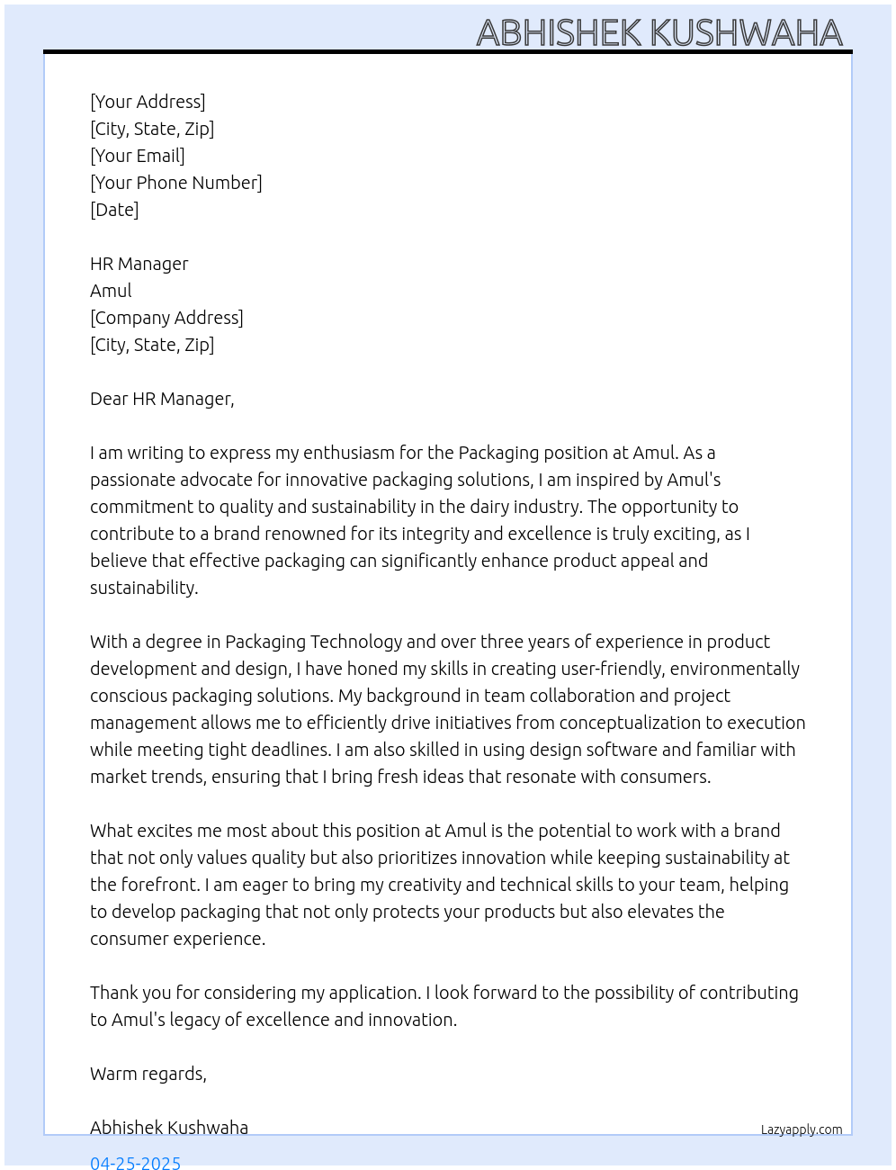 Packaging At Amul Cover Letter