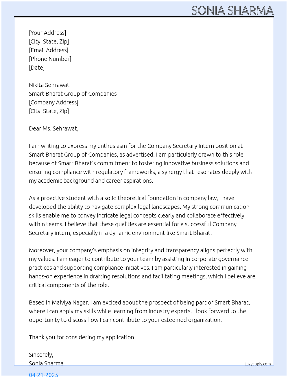 Company Secretary intern At Smart Bharat group of companies Cover Letter