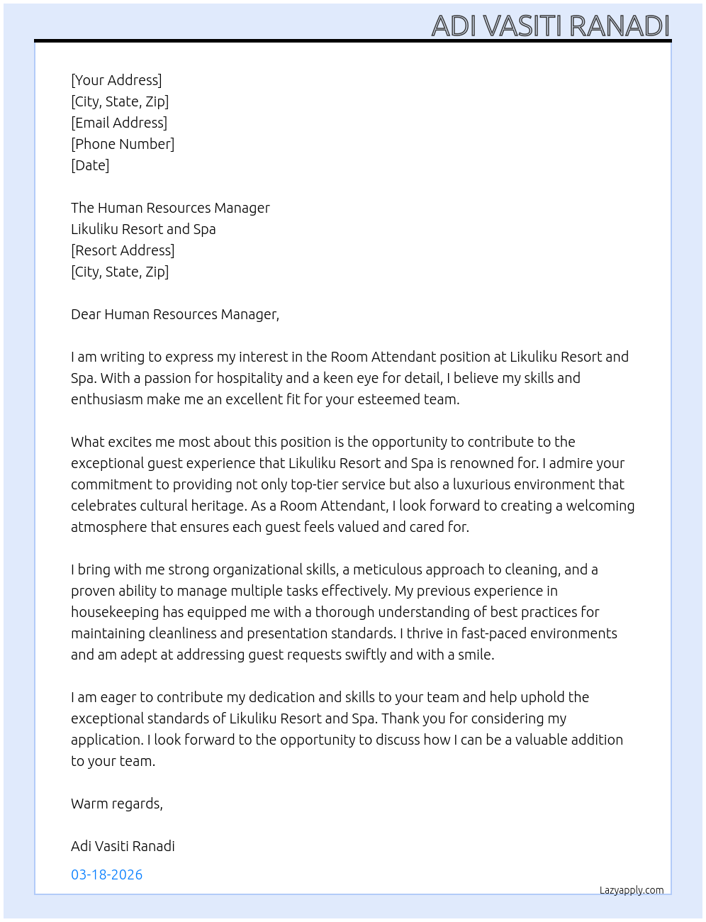 Room Attendant At Likuliku Resort and Spa Cover Letter