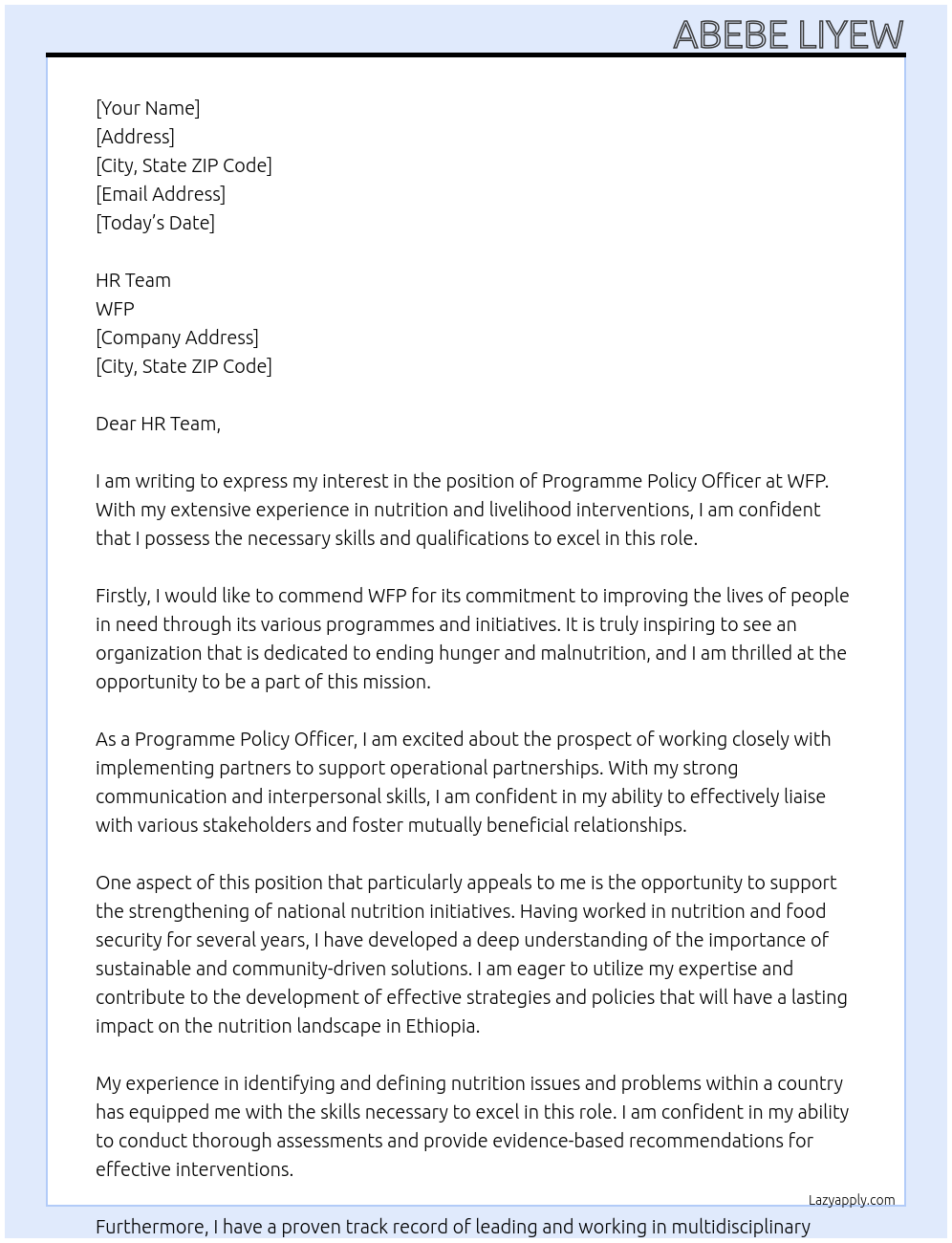 Cover letter for programme policy officer - LazyApply