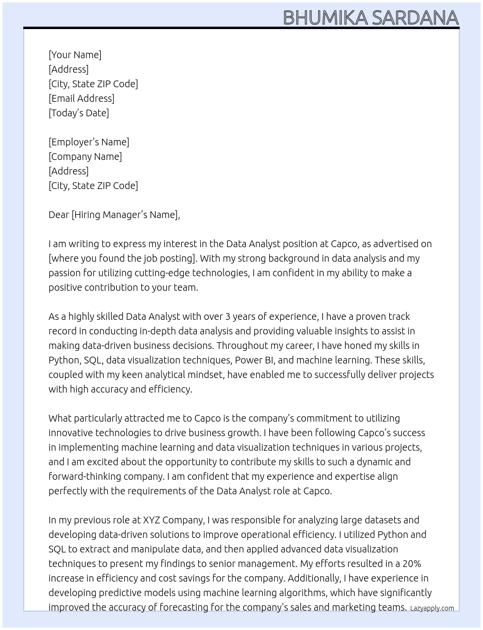 Data Analyst At Capco Cover Letter