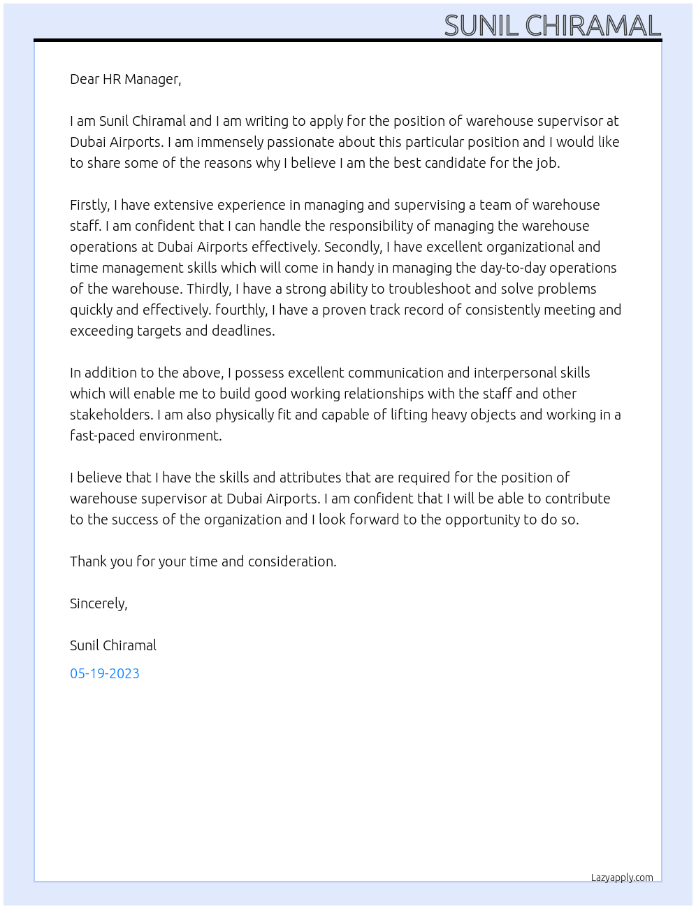 warehouse supervisor At Dubai Airprorts Cover Letter