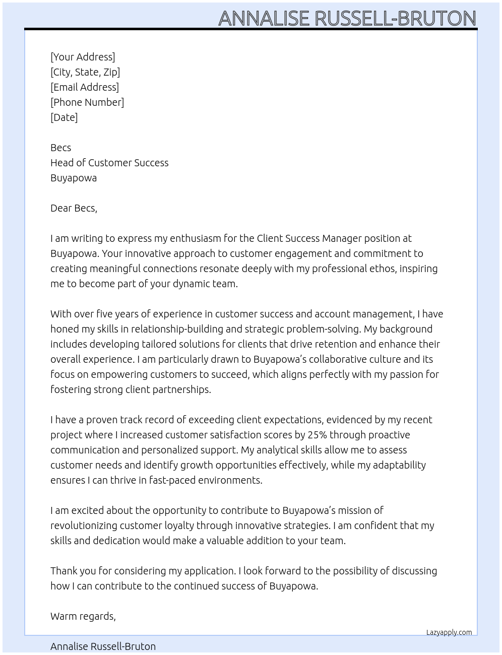 Client success manager At Buyapowa Cover Letter