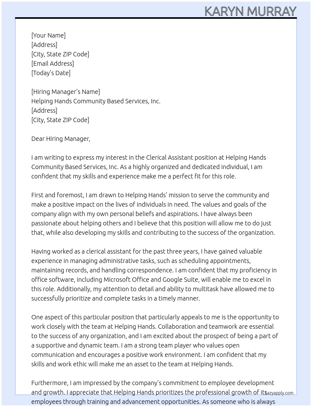 Clerical Assistant At Helping Hands Community Based Services, Inc. Cover Letter