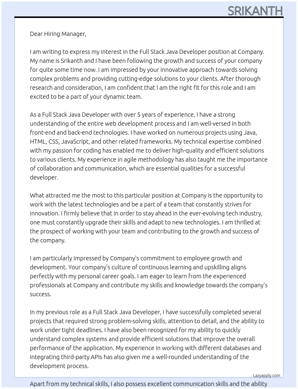 Full Stack java developer At Company Cover Letter