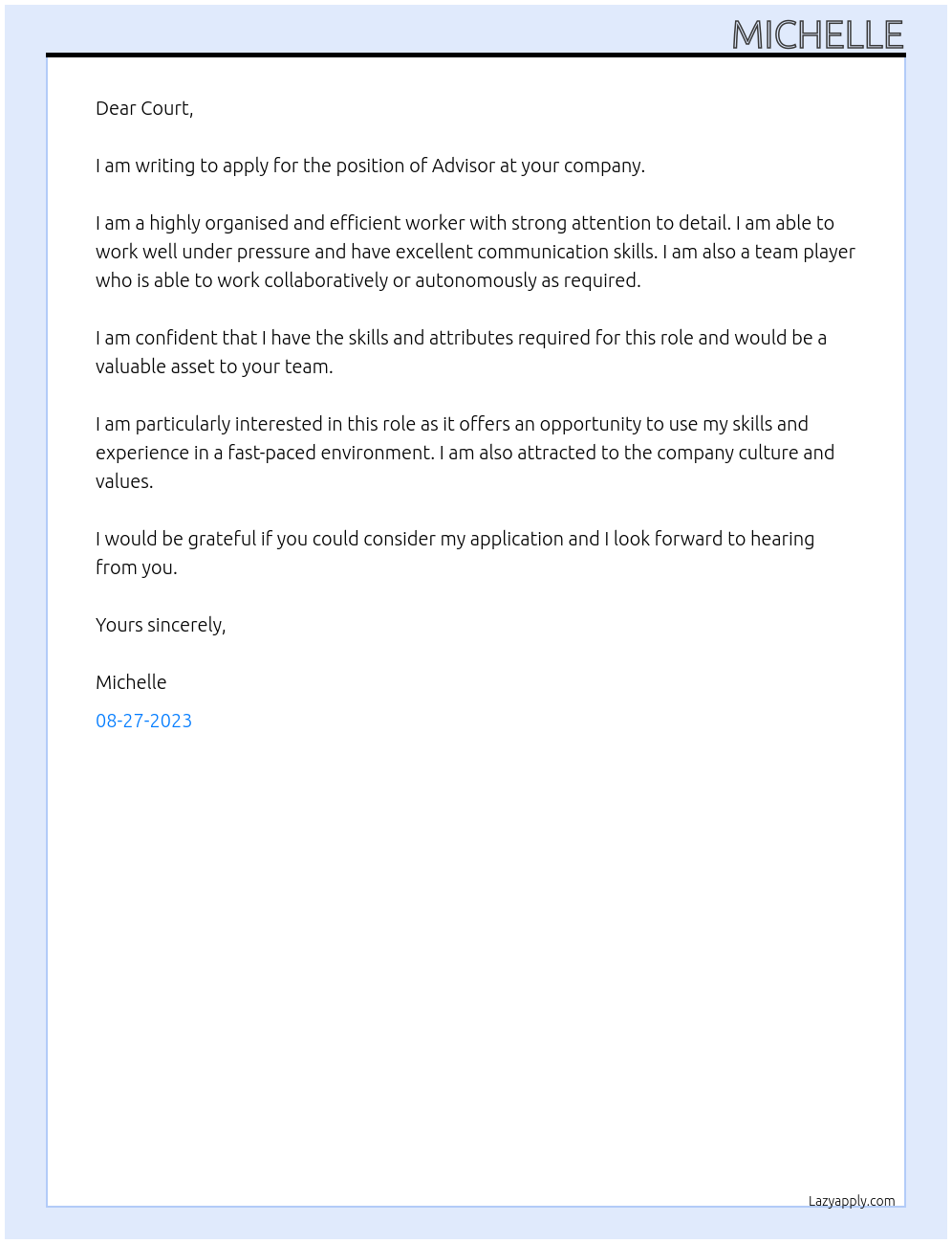 Advisor  At Court Cover Letter