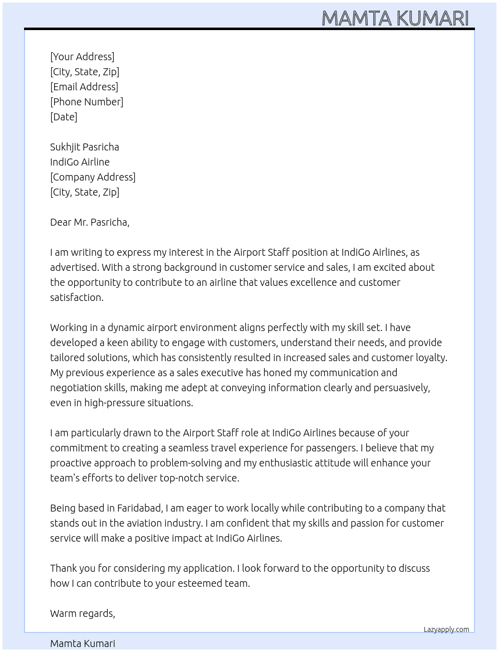 Airport staff At IndiGo air line  Cover Letter