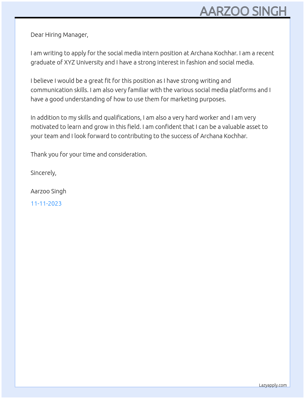 Social media intern At Archana kochhar Cover Letter