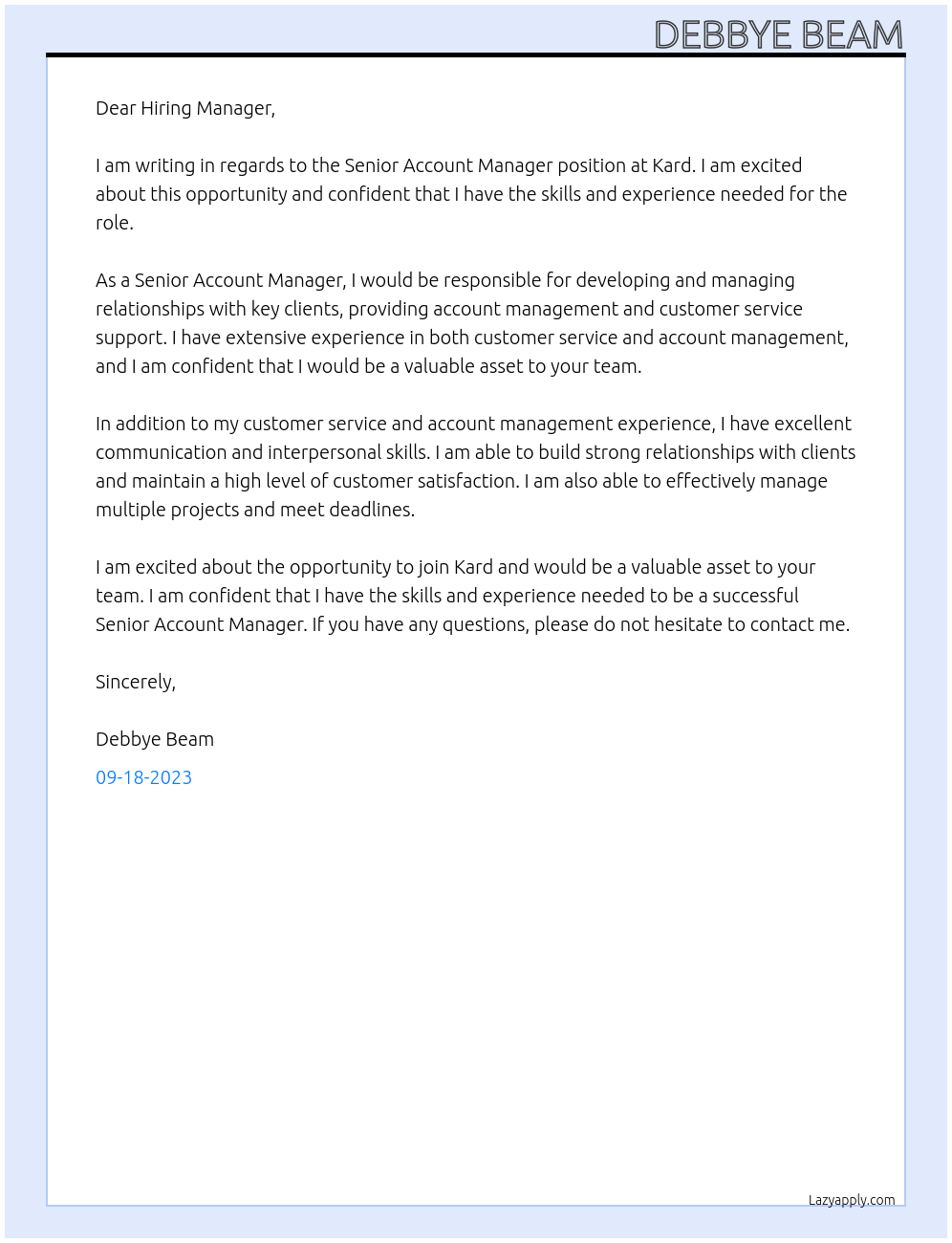 Senior Account Manager At Kard Cover Letter