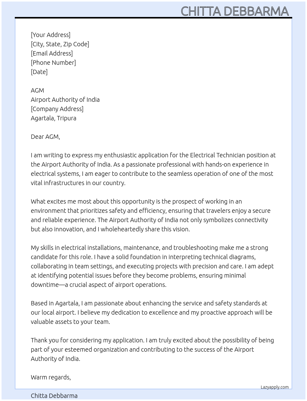 Electrical Technician At Airport authority of India Cover Letter