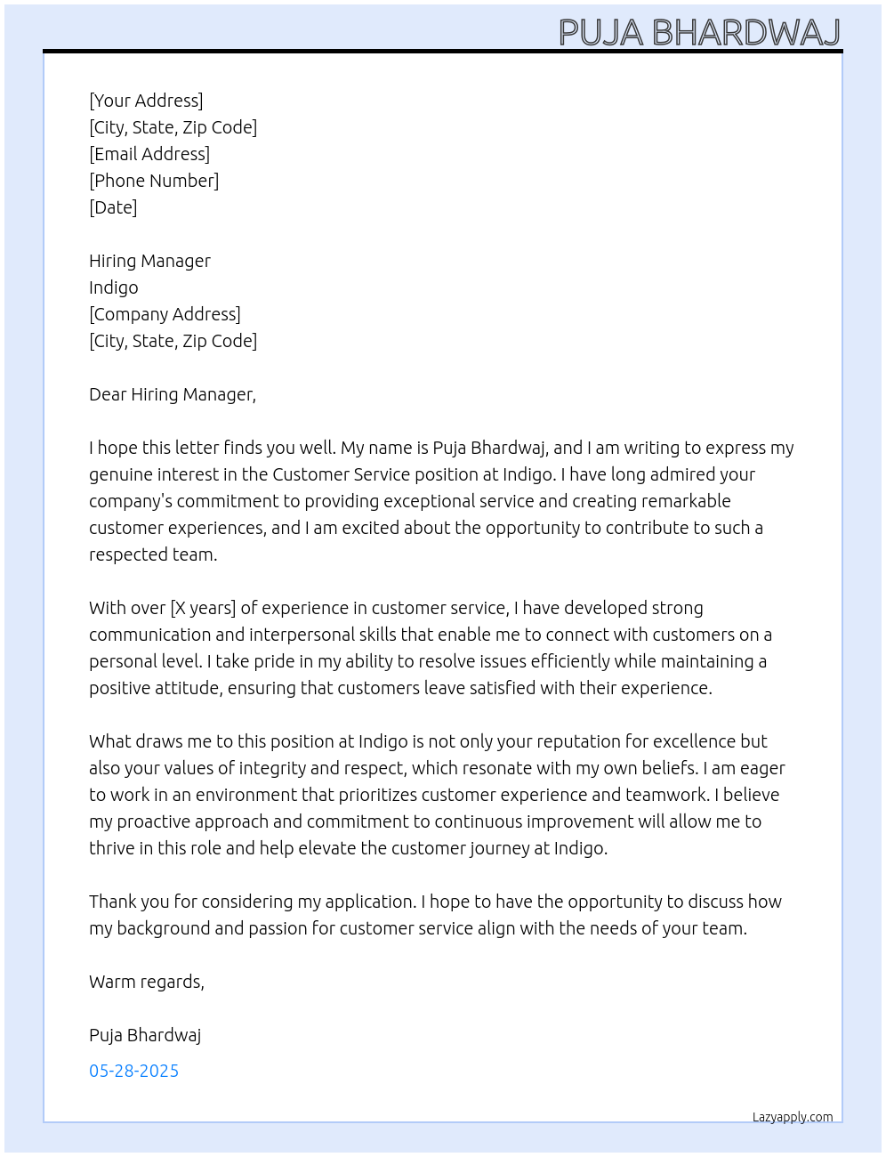 Customer Service At Indigo Cover Letter