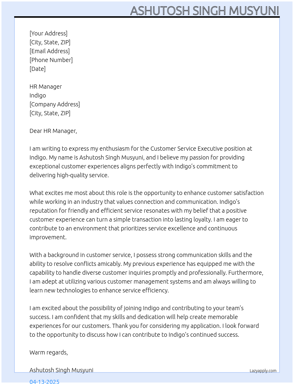 customer service executive At indigo Cover Letter