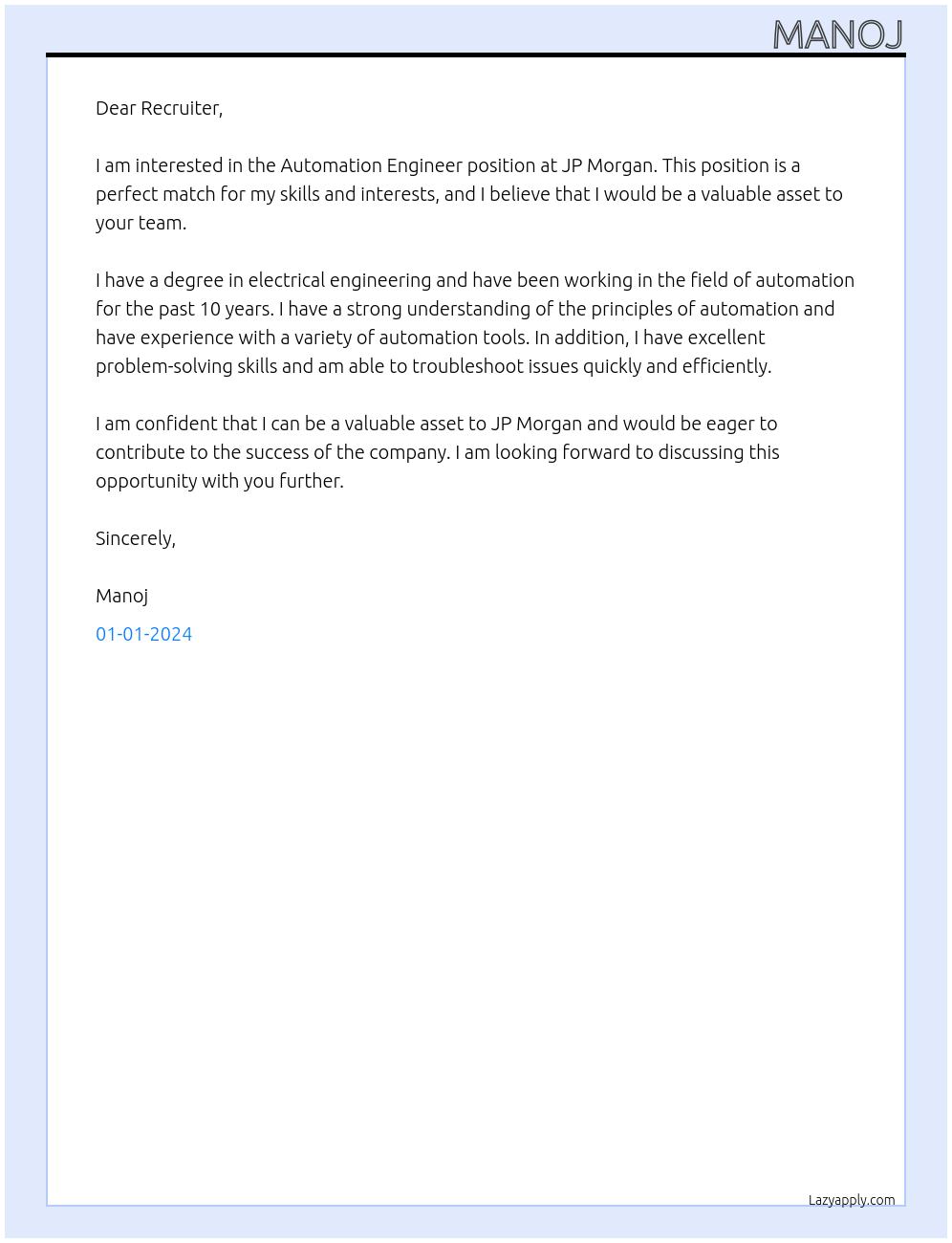Automation Engineer At JP Morgan Cover Letter