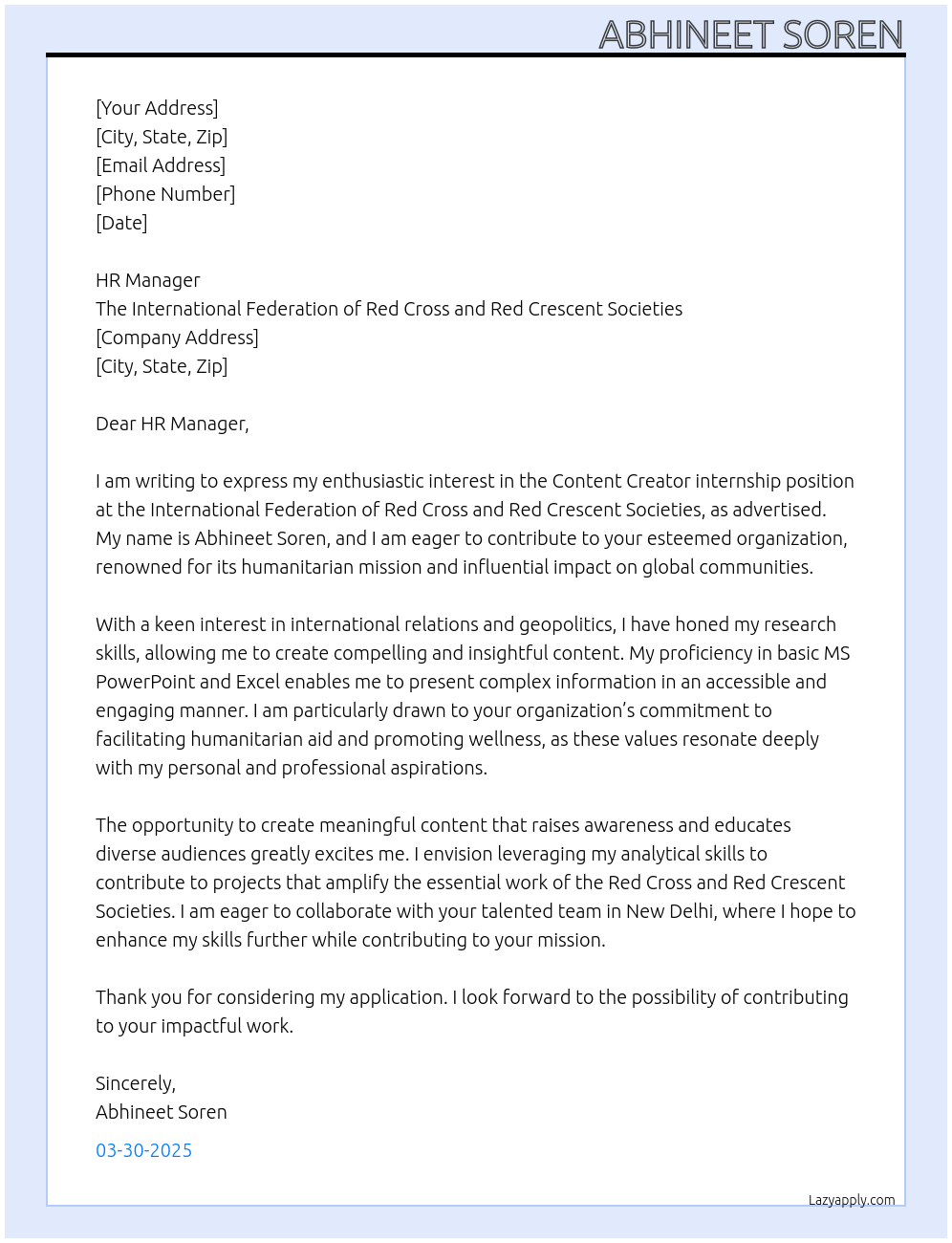 Content creator  At The International Federation of Red Cross and Red Crescent Societies Cover Letter