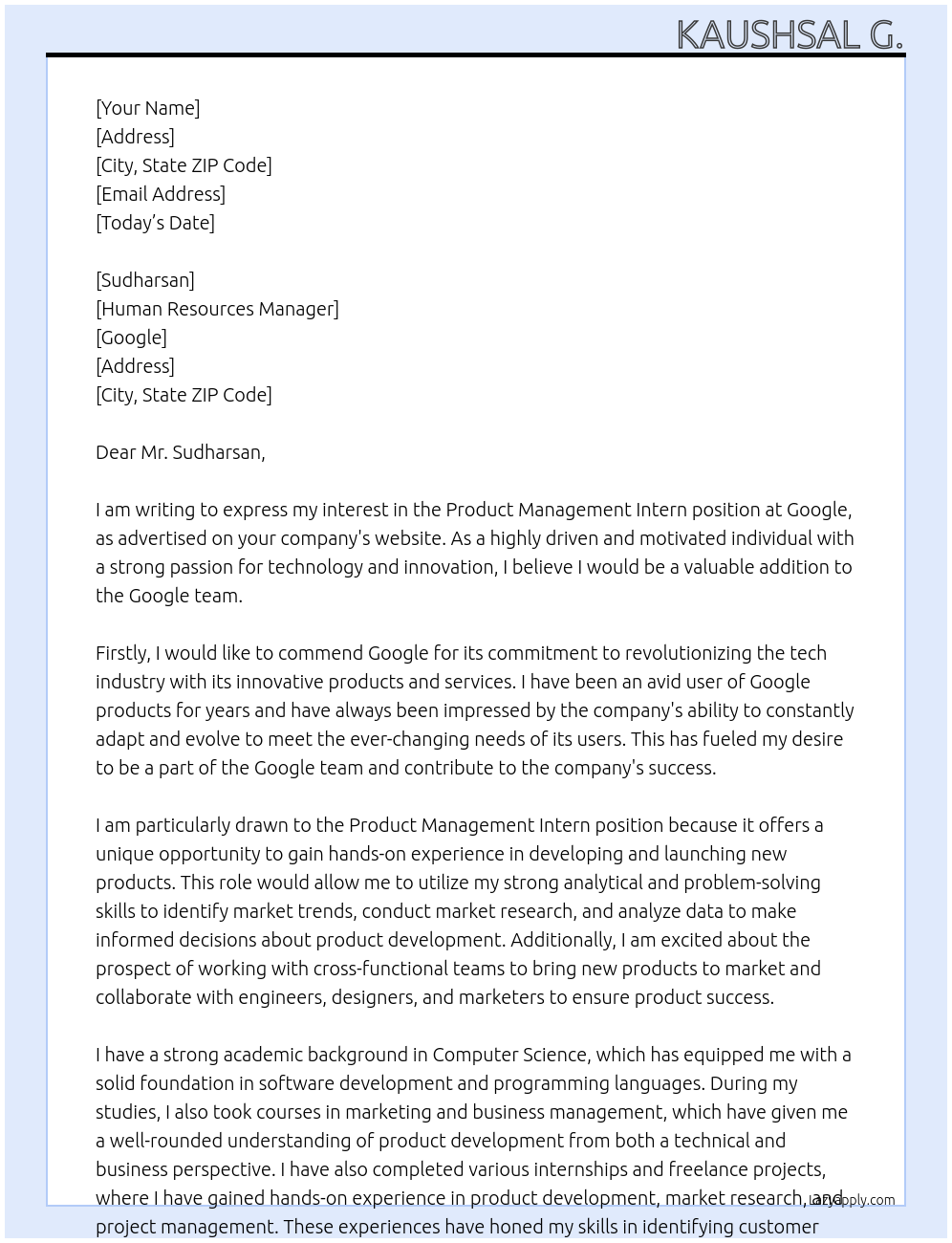 Product Management Intern  At Google Cover Letter