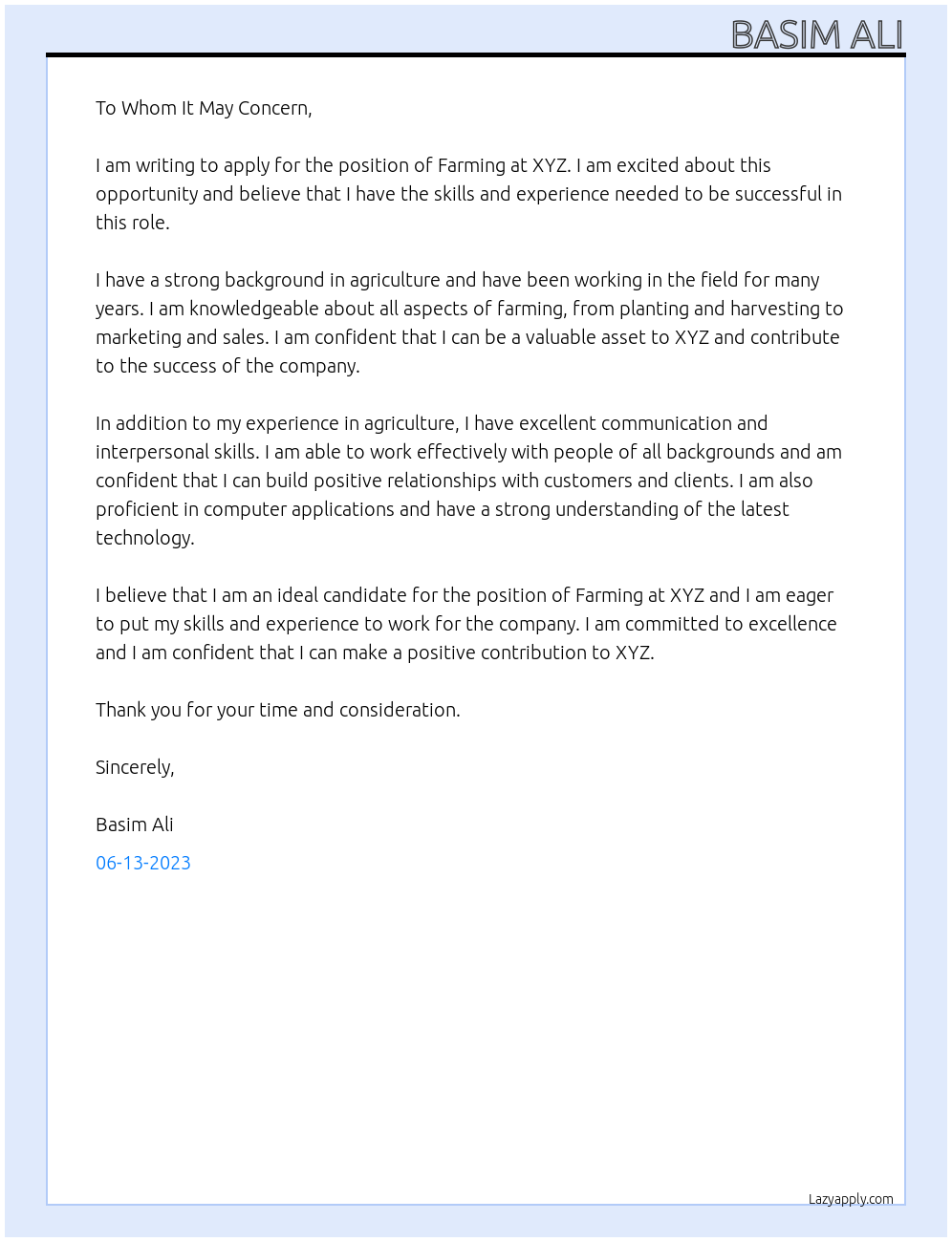 farming  At xyz  Cover Letter