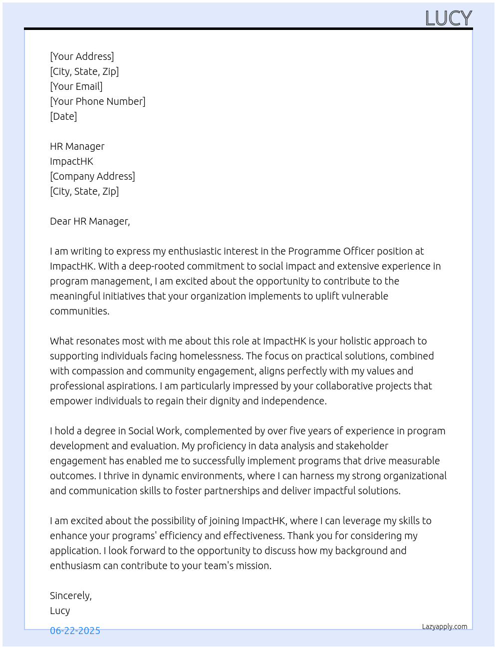 Programme Officer At ImpactHK Cover Letter