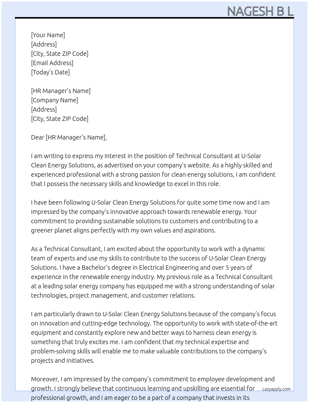 Cover letter for technical consultant - LazyApply