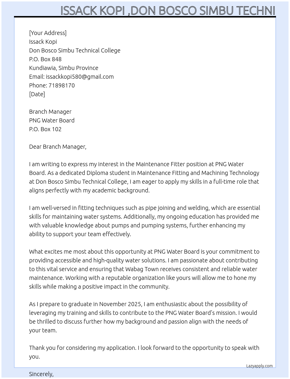 Maintenance Fitter At PNG Water board,p o box 102 Cover Letter