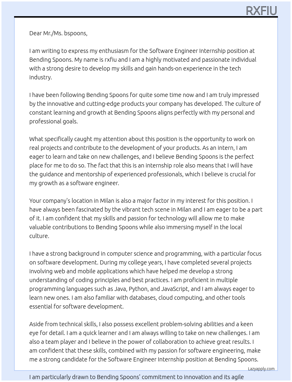 software engineer internship At Bending Spoons Cover Letter